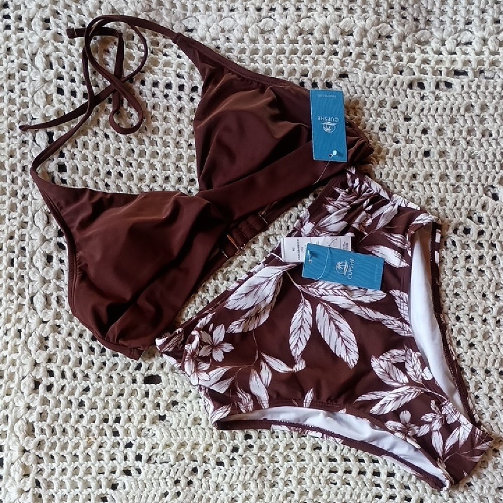 Cupshe Brown and White Leaf Bikini Set